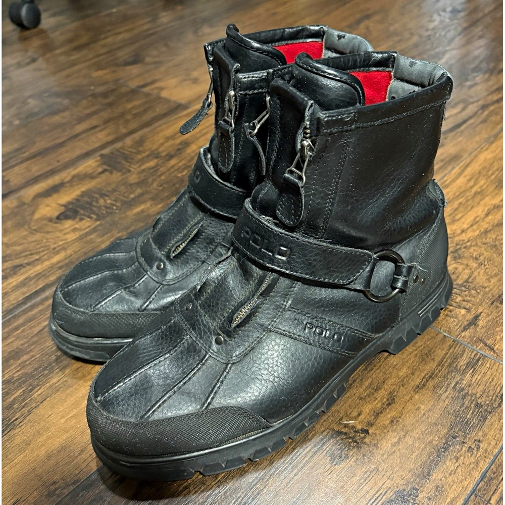 Polo Ralph Lauren Men's Black Motorcycle Leather Ankle Boot Zip Strap US 10.5 D